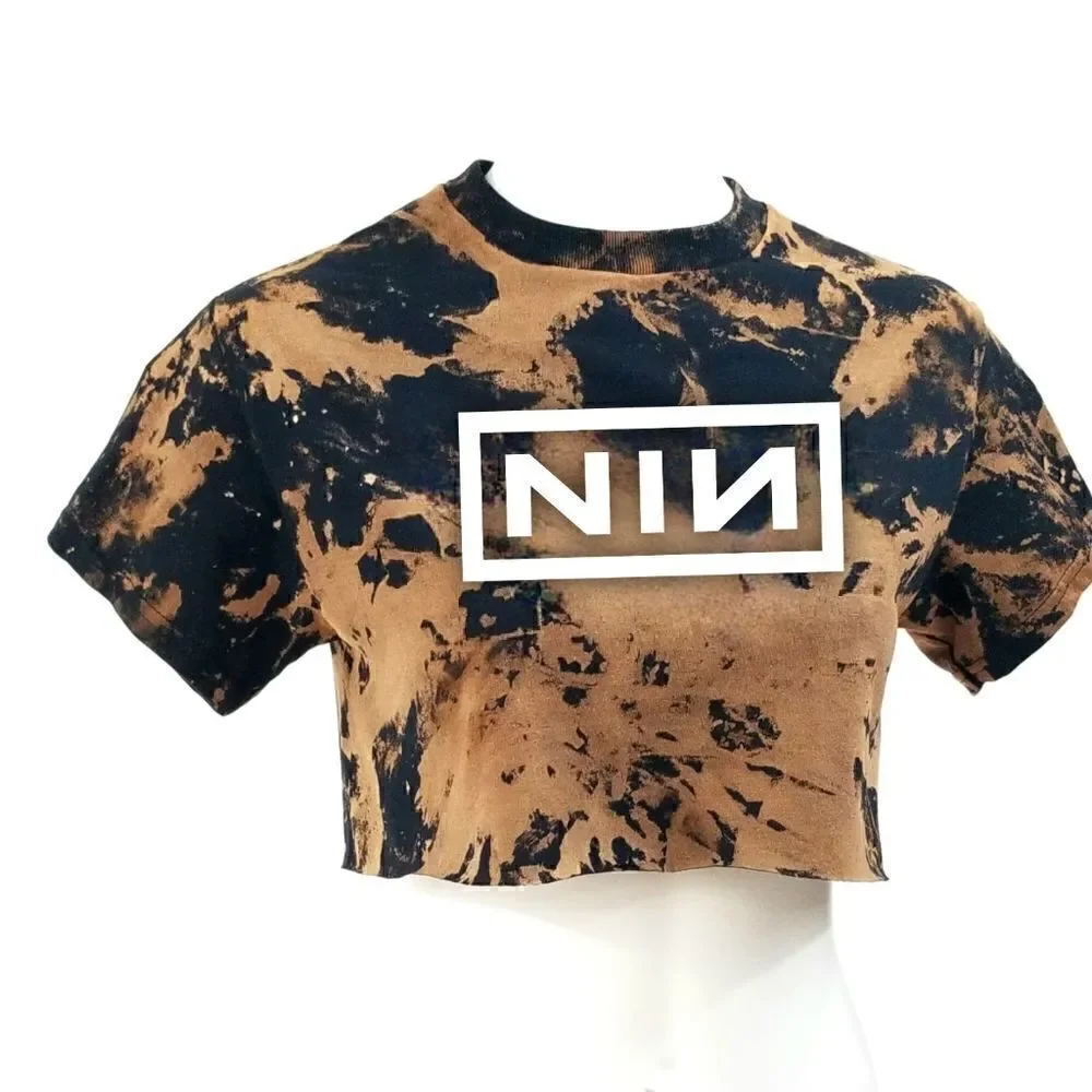 NINE IN NAILS "NIN" Acid Washed Cropped Crop Top Band Tee Rock Tee Rap Tee Punk - Picture 2 of 5